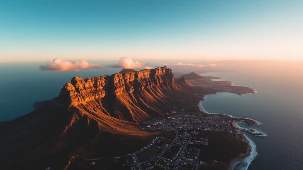 Table Mountain and Cape Town coastline at golden hour