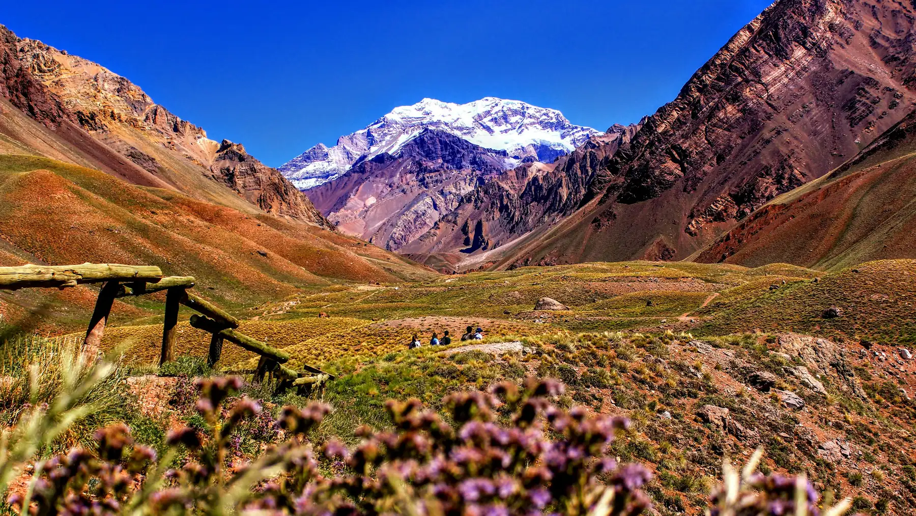 Snow-capped Aconcagua rising above an Andes valley in Mendoza, Argentina