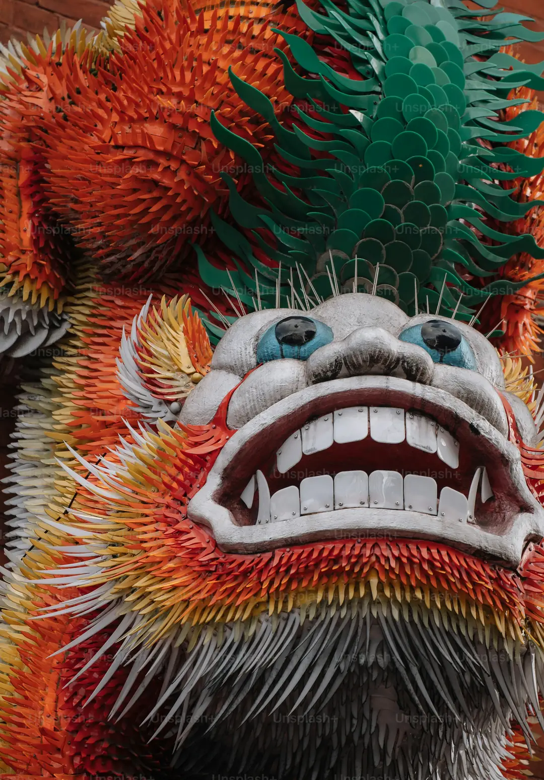 Close-up of a vividly coloured Chinese dragon dance costume in Hong Kong